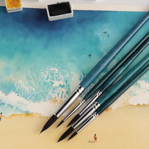 Longyinzhai Synthetic Squirrel Hair 5 Round Tip Professional Brush Set, Watercolor Acrylic Gouache Painting Supplies