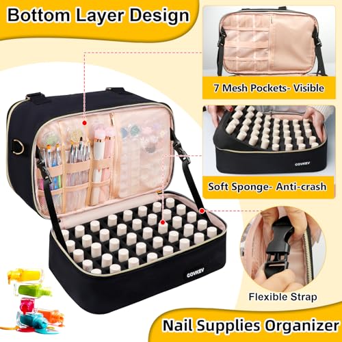 Covkev Nail Polish Organizer Hold 80 Bottles (15ml/0.5 fl.oz)& Nail Lamp, Double Layer Nail Bag Organizer Case with Handle, Large Nail Supplies& Kit Storage Case for Women Travel (Black& Golden)