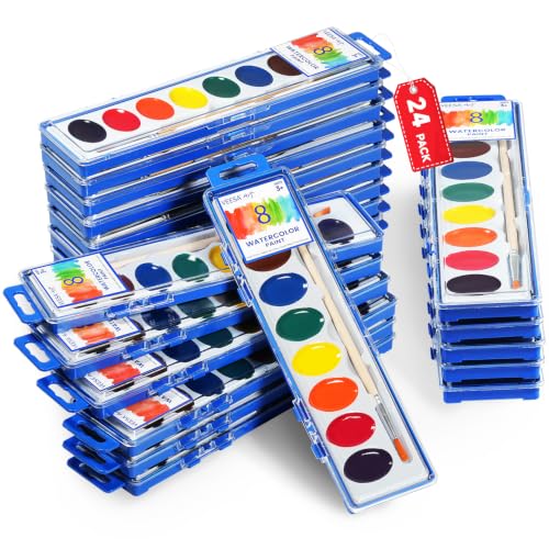 Washable Watercolor Paint Set for Kids, 24 Pack, 8 Colors | with Wood Brushes, Non-Toxic, for Classroom, Party Favors & Homeschool - color: 8 Colors (Pack of 24), size: 24 pack