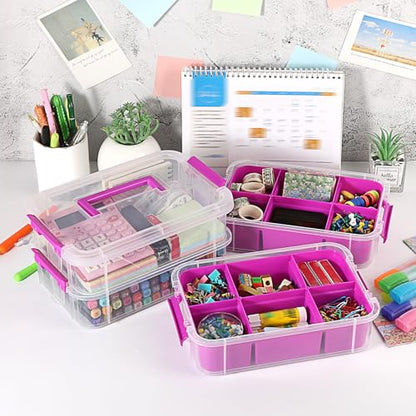 JUXYES 4-Tiers Plastic Stack Carry Storage Containers Box wih Handle Lids - color: Purple