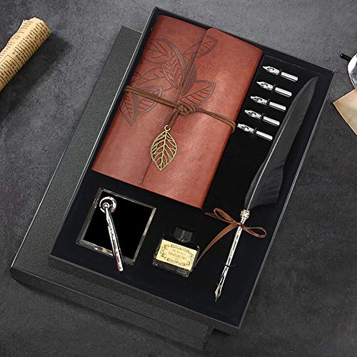 GCCL Quill Pen and Ink Set, Antique Feather Dip Calligraphy Pen Set, including Feather Pen, 5 Replacement Nibs, Pen Nib Base, Notebook, Ink, Gift Box, Best Gifts for Men Dad (Black) - color: Black