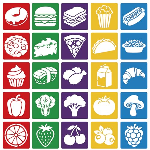 CUTHOLLOW 25PCS Food，Hamburgers, Desserts Painting Shape Stencils Sets - 8 Inch Reusable&Washable Drawing Template, Different Primary Themed Sidewalk Chalk Art Stencils Kit for Craft Room Wall Paper - style: Food Theme