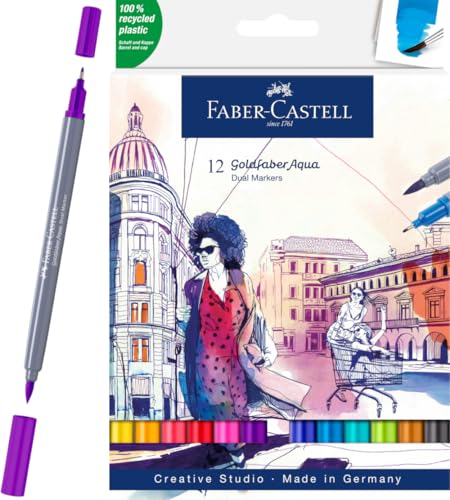 Faber-Castell Goldfaber Aqua Dual Tip Watercolor Markers - 12 Watercolor Brush Pens, Watercolor Markers for Adults, Real Brush Nib and Fineliner Tip Art Markers