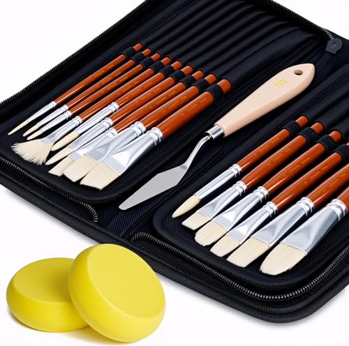 DUGATO Paint Brush Set 15pc with Pop-Up Case, Palette Knife & Sponges - color: White