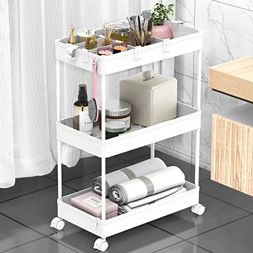 SPACELEAD 3 Tier Rolling Cart with Wheels, Storage Craft Art Trolley Organizer Serving, 3 Hanging Baskets Easy Assembly, for Office, Bathroom，Living Room, Kitchen, White - color: White