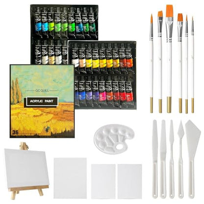 54pcs Art Acrylic Paint Set - Painting Supplies with 36 * 12ml Tubes, Paint Brushes, Palette Knives, Canvas, Easel, Sponge, Palette for Artist Painting on Wood, Ceramics, Fabric, Crafts