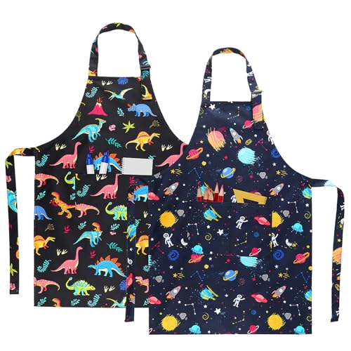 2 Pack Kids Apron, Cute Cooking Aprons, Waterproof Art Apron with Pockets, Toddler Painting Artist Apron Adjustable - color: Space and Dinosaurs, size: 45*62cm