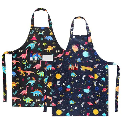 2 Pack Kids Apron, Cute Cooking Aprons, Waterproof Art Apron with Pockets, Toddler Painting Artist Apron Adjustable - color: Space and Dinosaurs, size: 45*62cm
