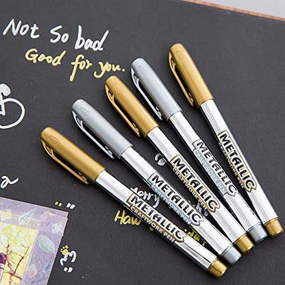 MyLifeUNIT Metallic Marker Pens, 6-Pack Metallic Gold Silver Permanent Markers, Fine Point (3 Gold 3 Silver)