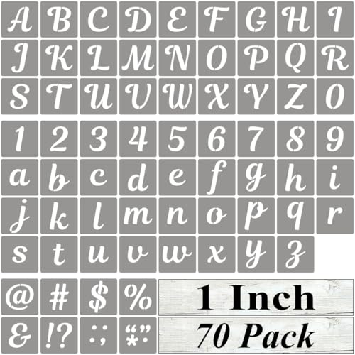 1 Inch Letter Stencils for Painting - 70 Pack Alphabet Letter and Number Stencil Templates with Signs for Painting, Reusable Cursive Alphabet Stencils for Chalkboard Wood Crafts & Wall Decor - size: 1 Inch