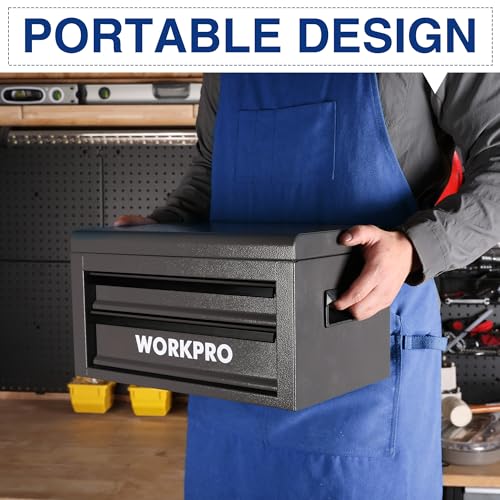 WORKPRO 15 Inch Metal Tool Box with 2 Drawers & 1 Top Storage, Heavy Duty Portable Tool Box with Handle for Garage, Office and Home, Up To 85 LBS Load Capacity - size: 15 Inch