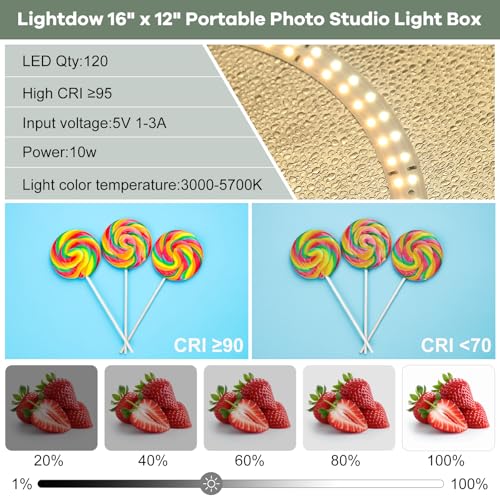 Lightdow 16"x12"x12" Photo Studio Light Box Photography with 120 LEDs (CRI>95), 6 Backdrops - Portable/Dimmable/Versatile Folding Shooting Tents for Toys/Jewelry/Watches/Cosmetics Photography - size: 16"x12"x12"