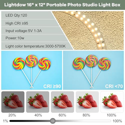 Lightdow 16"x12"x12" Photo Studio Light Box Photography with 120 LEDs (CRI>95), 6 Backdrops - Portable/Dimmable/Versatile Folding Shooting Tents for Toys/Jewelry/Watches/Cosmetics Photography - size: 16"x12"x12"