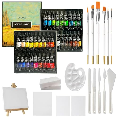 54pcs Art Acrylic Paint Set - Painting Supplies with 36 * 12ml Tubes, Paint Brushes, Palette Knives, Canvas, Easel, Sponge, Palette for Artist Painting on Wood, Ceramics, Fabric, Crafts