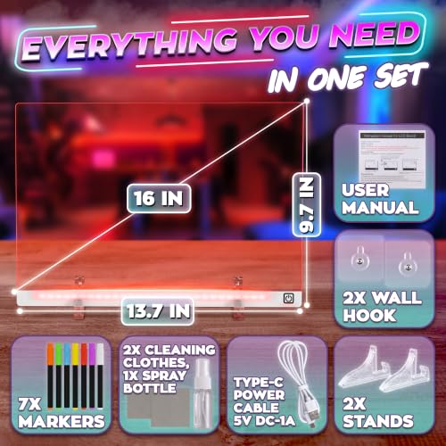 LED Drawing Board with USB-C Power – 16 Inch Acrylic Light Board for Tracing with Edge-Lit Color-Changing Glow, 7 LED Colors, 6 Light Modes – Plug-and-Use Kit with Markers, Stands, Gift Box (White) - style: White Style