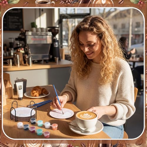 Reallnaive 8 Pcs Coffee Paint by Numbers Kit for Adults Wooden Coaster | Mini Paint by Numbers, Tiny Brown Round Oil Painting Drink Coaster with Holder, for Small DIY Craft Birthday Gift - style: Coffee