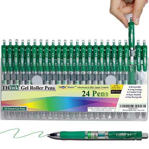 [24 Pens - Green Ink] Think2 Retractable Gel Pens. (24 Green) Fine Point (0.5mm) Rollerball Pens with Comfort Grip. - color: Green