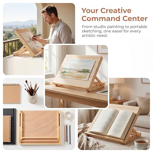 Tabletop Easel, Adjustable & Portable Desktop Art Stand, 13”x9” Solid Pine Wood Drawing Board for Painting, Drawing Canvas & Sketchbooks, Perfect for Adults & Artists