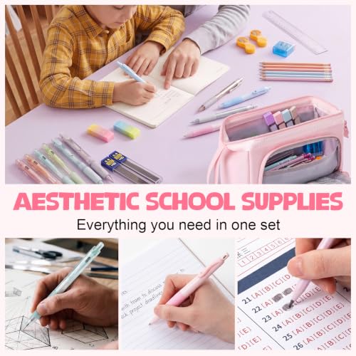 Eersida 47 Pcs Aesthetic School Supplies with Cute Pen Case, Mechanical Pencils 0.5mm, 0.7mm, 0.9mm & 2.0mm with Leads and Eraser Refills, Wood Pencils #2, for Writing, Drawing & Drafting (Pink) - color: Pink