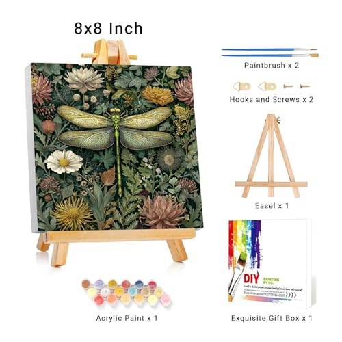 Framed Paint by Numbers Kit for Adults Beginner & Kids Ages 8-12 Dragonfly Adult Paint by Number Kits on Canvas with Easel Flower Painting by Numbers for Adults with Frame DIY Painting Kits 8x8 Inch - color: NZB28, size: 8x8 Inch