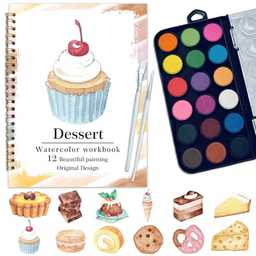 Watercolor Workbook, Water Coloring Book, 12 Different Patterns of Original DIY Designs, 18 Colors Watercolor Paint Set, Beginner-Friendly Watercolor Workbooks (Dessert), Perfect Gifts for Adults - color: dessert