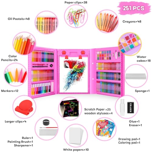 iBayam 251-Pack Pink Art Supplies, Drawing Arts Kits for Kids Teens Adult | Drawing Pad, Coloring Book, Scratch Paper, Travel Art Set Case with Double Sided Trifold Easel, Gifts for Girls 4-16 Year Old - color: Pink