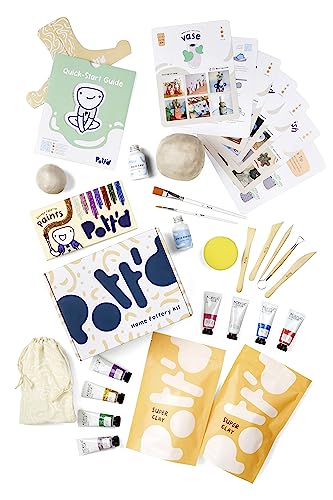 Pott'd Pottery Kit, Air Dry Clay Kit for Adults & Beginners | At Home Pottery Making Kit with Air Dry Clay, Tools, Paints, Brushes, Sealant and Step-by-Step Guide - style: Glitter Paints