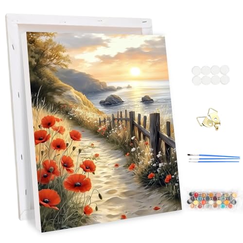 EOBROMD Framed Paint by Numbers Kits for Adults Landscape, Flower DIY Acrylic Paint by Number on Stretched Canvas, Painting Kits Adults Oil Paint by Numbers for Home Decor 12x16inch