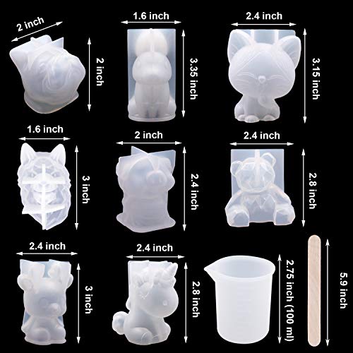 EuTengHao 20Pcs 3D Animal Resin Molds Tools Set Includes 8 Resin Casting Molds Large Clear Epoxy Silicone Molds 2 Measurement Cup 10 Wood Sticks for Resin Craft DIY