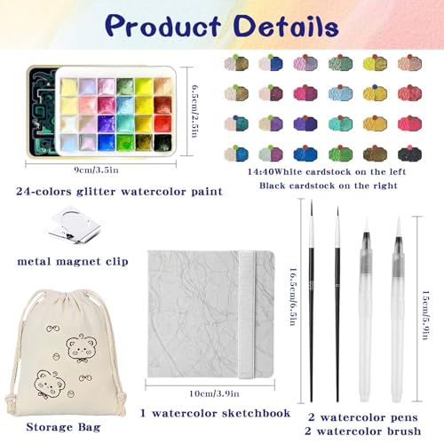 Mini Watercolor Paint Set - 24 Colors Glitter Travel Watercolor Set, Portable Metallic Water Color Paints Palette Box with Watercolor Book,Clips,Pens,Storage Bag for Painting Lovers and Artists - color: Blue Black 24 Colors
