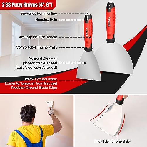 SHALL Drywall Tool Kit, 7 Pcs Stainless Steel Set Includes Putty Knife, Taping Knife, Painter Scraper Tool & 12" Mud Pan for Joint Taping, Finishing, Patching