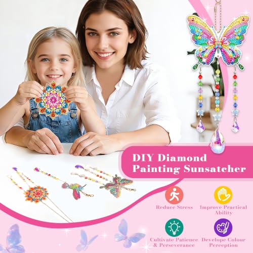 Diamond Art Kits for Kids/Adults, 4Pcs DIY Crafts for Kids Ages 8-12 | Diamond Painting Kits for Girls 8-12, DIY Suncatchers Wind Chimes, Birthday Gifts for 6-12 Year Old Girl, Home Garden Decor - color: Dongwu-4