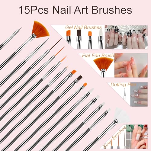 MYR 34Pcs Nail Art Brushes Set includes a Complete Set of Nail Art Tools | Nail Design Brushes, Nail Dotting Tool, Nail Drawing Pens, Nail Brush Brackets, Nail Nano Polishing Rubs, etc