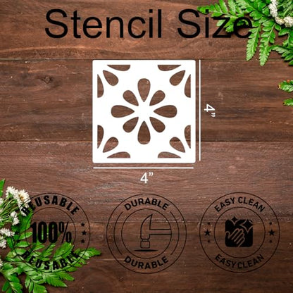 Talavera Stencil Mexican Stencils 4” | Folk Art Stencil Tile Stencils for Painting on Stairs Floor Furniture Wood Cielito Lindo Decor - style: Tile-4"/49p