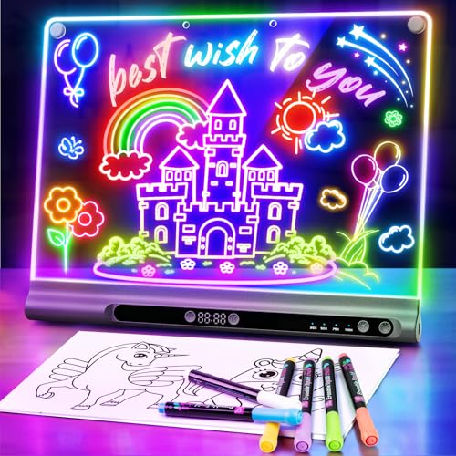 Geokay 16“ Rechargeable LED Drawing Board, 9-Color Light Modes with Timer | Birthday Christmas Gift Idea for Girls/Kids/Boys/Teens, Neon Glow Up Dry Erase, Built-in Stand with 6 Markers & Tracing Book - color: Black