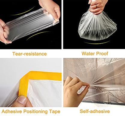 Muf 2 x 65 Feet Plastic Drop Cloth Plastic Sheeting with Masking Tape,Waterproof Protective Masking Film,Prevent Dust Paint for Car,Furniture,Carpet,Floor,2 Pack - size: 2 × 65 feet