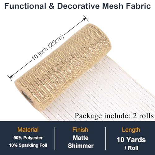Champagne Mesh Ribbon Rolls 10 Inch 10 Yds, Deco Mesh Fabric for Wreaths | (2 Rolls) 30Ft Each, Decorative Foil Mesh for Christmas Tree Ribbon, Door Decor, DIY Crafts, Halloween, Wedding Party Supplie - color: Champagne Gold