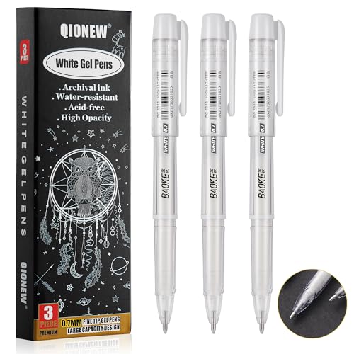 Qionew White Gel Pens Set,0.7mm Extra Fine Point, White Ink Gel Pens,3PCS | for Artists Drawing, Add Highlight, Opaque White Ink for Black Paper Drawing, Illustration, Bullet Journaling, Card Making - size: 1 Count (Pack of 3), style: 3 Pack White