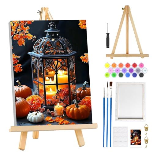 MOGTAA Halloween Paint by Numbers Kit for Adults Beginners with Frame, Fall Pumpkin Adult Paint by Number Kits on Canvas with Easel, Easy DIY Candle Oil Painting Kits for Home Decor, 8x12in - color: Halloween Pumpkin4