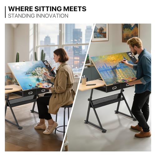39‘’ Adjustable Drafting Table & Stool Set with Storage, Natural | Versatile Art Desk and Craft Center Home Study Room Artist Desk - color: Natural/Black