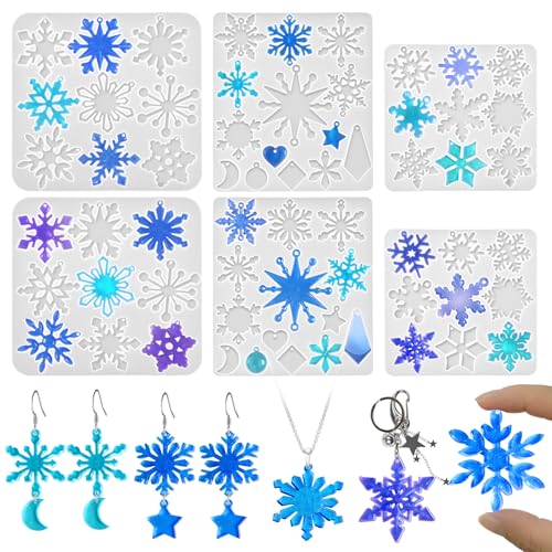 Snowflake Earring Mold, in Pairs Christmas Earring Molds with Hole | Durable 6Pcs Snowflake Silicone Molds for Earring, UV Resin Christmas Pendant Gifts, DIY Winter Wonderland Party Home Decor - color: 6 Pcs Snowflake Earring Mold Set