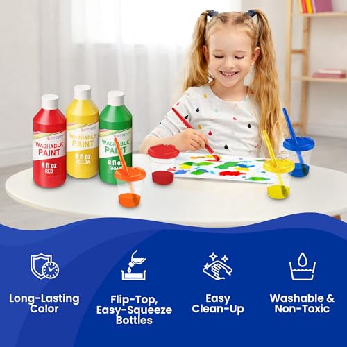 EXTRIC Washable Paint for Kids 6 PK x 8oz Bottles, Paint Cups & Brushes | Non-Toxic 6 Colors Washable Paints, 8 oz Squeeze Bottles, 6 Paint Cups & 6 Brushes Mess-Free Painting for Toddlers and Kids