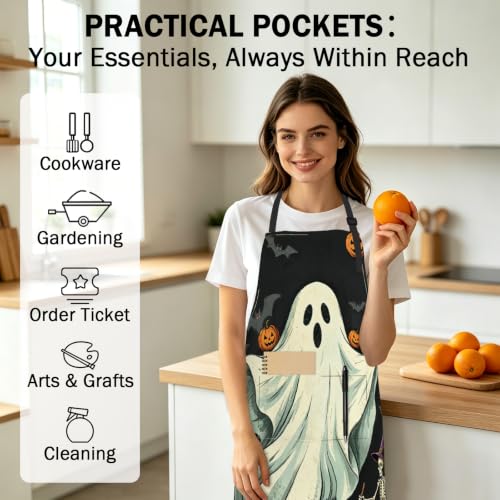 Halloween Aprons Ghost Bat Jack-O-Lantern Kitchen Apron with 2 Pockets Waterprrof Cooking Apron with Adjustable Neck Strap for Baking Crafting Gardening - color: Halloween-ghost