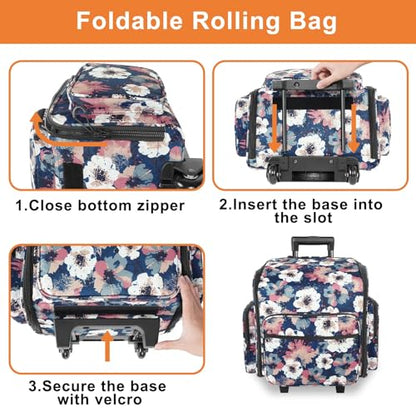 YOREPEK Large Rolling Craft Bag Wheels, Briefcase Gift for Crafter Teacher | Roller Scrapbook Tote, Water Resistant Scrapbooking Rolling Briefcase for Scrap Book Stickers Supplies and Tools, Floral