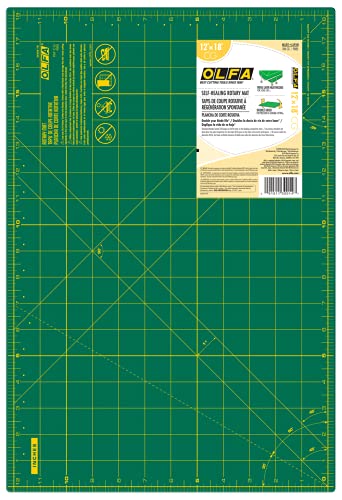 OLFA 12x18" Self-Healing Rotary Cutting Mat (RM-CG) - Double-Sided, Green | Self-healing, triple-layer, double-sided grid, rotary cutter safe - Quilting and sewing - Quilters and Crafters - color: Green