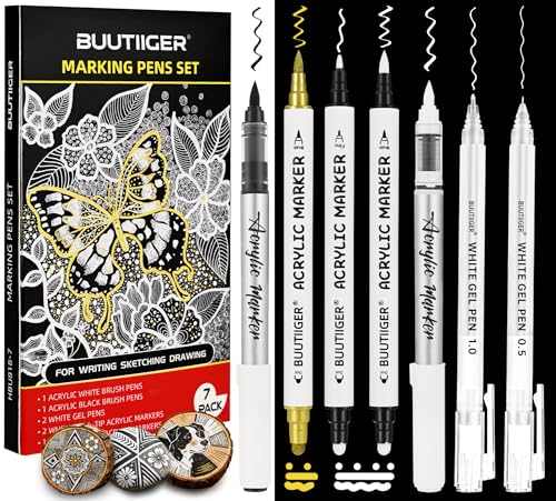 White Acrylic Ink Pens, Gel Ink Pen, Gold & Black Brush Markers, 7Pcs | 0.5/1.0mm White Gel Ink Pen, Dual-Tip Opaque White Paint Pens for Dark Paper Drawing, Sketching, Rock, Ceramic, Glass - color: Gold, Black, White, size: 0.5/6mm