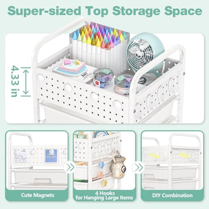 SYKIARIOL 4 Drawer Rolling Storage Cart with Pegboard Top and Hooks, White - color: White, size: 4-Drawers