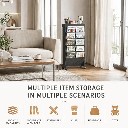 6-Tier Rolling Bookshelf Magazine Rack with Wheels Black - color: Black, size: 6-Tier 30.5"H