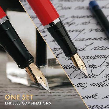 Wordsworth & Black Fountain Pen Gift Set, Medium & Extra Fine Nib, Red | For Men & Women, Brass Body, 18K German Iridium, Ink Bottle + 6 Cartridges, Converter, Writing & Calligraphy, Journaling - color: Red Chrome