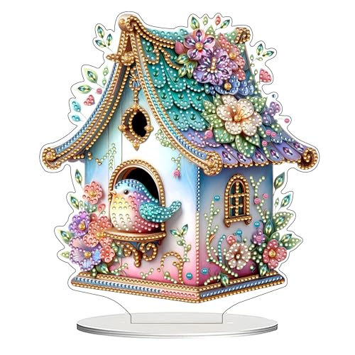 DIY Tabletop Diamond Art Kit for Adult – Gem Painting Art Desktop Ornament with Special Shaped Rhinestones, Acrylic Stand-Up Gem Craft for Home Décor & Gift Idea (Bird House) - color: Bird House